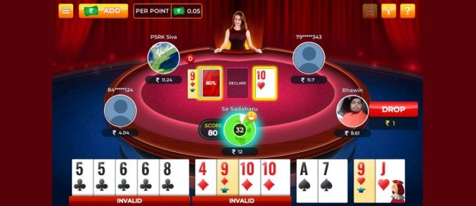 MPL rummy table with 5-6 players seated